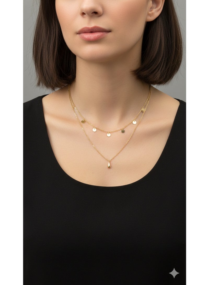 ورد سلسلة رقبة مزدوجة أنيقة بتصميم عصري - مطلية بالذهب ومقاومة للصدأ، مثالية للهدايا. - Image 1